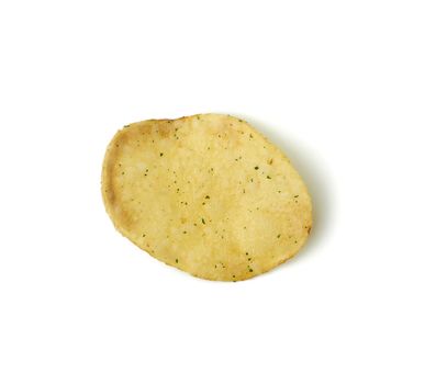 round potato chips with dried dill isolated on a white background, close up