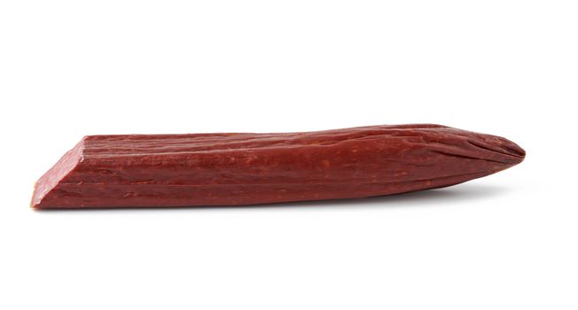 half stick of smoked meat sausage with slices of fat isolated on a white background, food for a snack, side view