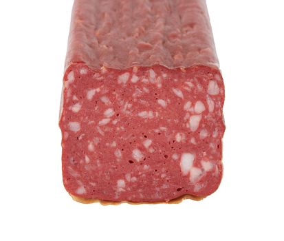 slice of smoked meat sausage with slices of bacon isolated on a white background, food for a snack