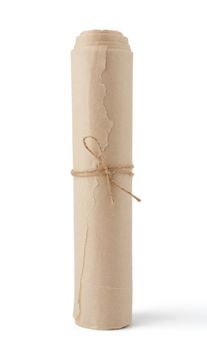twisted roll of brown paper tied with a rope and isolated on a white background, close up