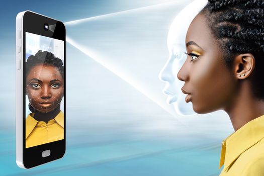 Smart phone projecting light bean on african female face.Side view of conceptual face recognition technology.