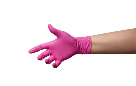 female hand in a pink latex glove is isolated on a white background, part of the body conditionally holds some kind of object, concept of medicine, protecting the body from the virus