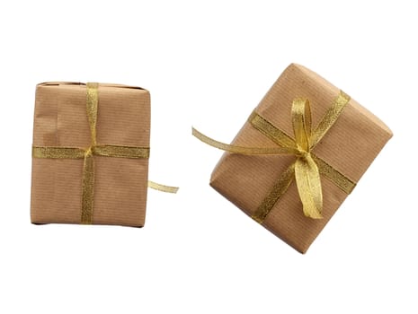 rectangular box wrapped in brown kraft paper and tied with a blue ribbon, gift isolated on a white background, element for a designer
