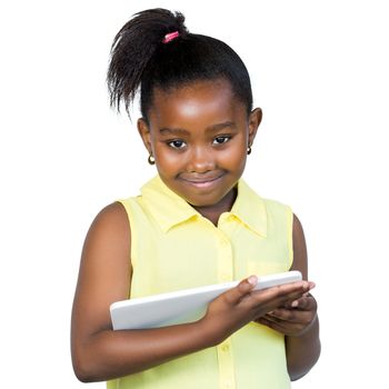 Close up portrait of cute little african girl with ponytail holding digital tablet.Smiling kid looking at camera Isolated on white background.