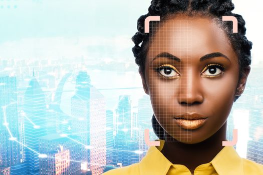 Close up portrait of facial recognition grid on african woman against city background.
