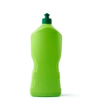 green plastic bottle with detergent, white background, close up