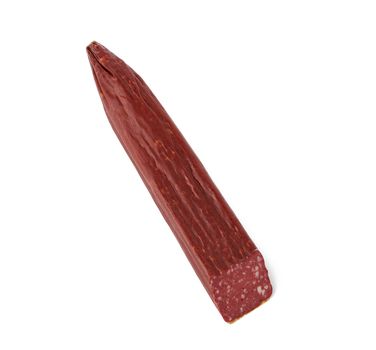 half stick of smoked meat sausage with slices of fat isolated on a white background, food for a snack, side view