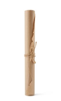 twisted roll of brown paper tied with a rope and isolated on a white background, close up