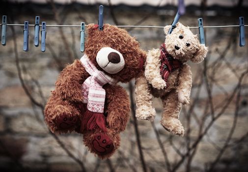 cute brown wet teddy bears hanging on a clothesline and drying in the fresh air, vintage toning