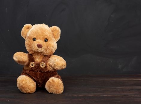 brown teddy bear sits on a brown wooden table, behind an empty black chalk board, place for an inscription, back to school