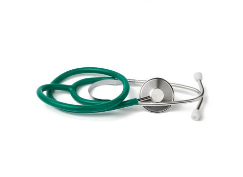 green medical stethoscope isolated on white background, medical item for measurement