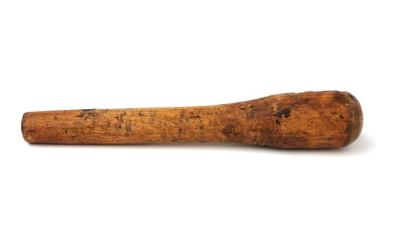 very old wooden mortar pestle isolated on a white background, close up