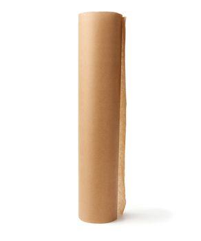 twisted roll of brown parchment paper isolated on a white background, wax baking paper