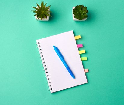 open notebook in line with white blank sheets and a potted plant, top view