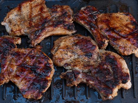 grilled pork tenderloin on the ribs, delicious food, spiced meat, close up