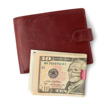 closed brown leather wallet with US dollar bills isolated on white background, wealth concept