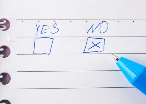 white sheet of paper with the words yes and no for choice, metal pen, concept of choice