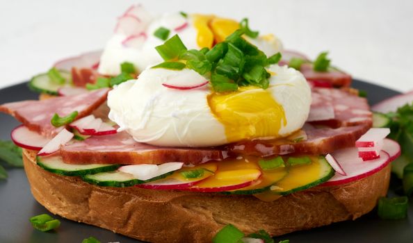 sandwich on toasted white slice of bread with poached eggs, green leaves of arugula, cucumber and radish, morning breakfast on a round plate, white background, eggs benedict 