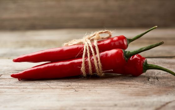 pods of red chili peppers tied with a brown rope on a gray wooden background, close up