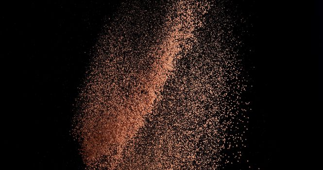 flying particles and cocoa powder on a black background, frozen topping for dessert, close up