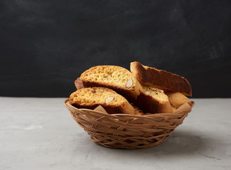 pieces of baked italian christmas biscotti cookies, close up, copy space