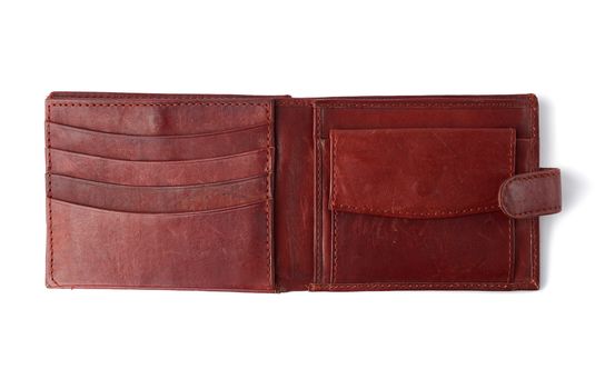 open brown leather wallet isolated on a white background, stylish men's accessory