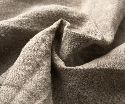 twisted very old  gray linen fabric, full frame, rough antique canvas, close up