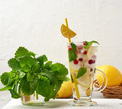 transparent glass with lemonade and pieces of ice, red berries and paper tubes, a refreshing summer drink