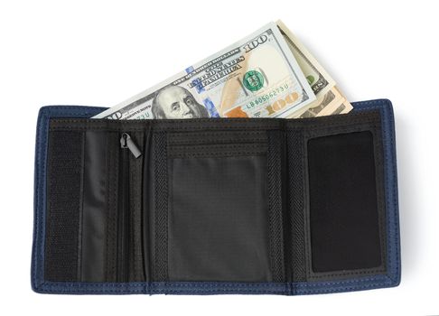 open blue textile wallet with one hundred US dollar bills isolated on white background, concept of wealth