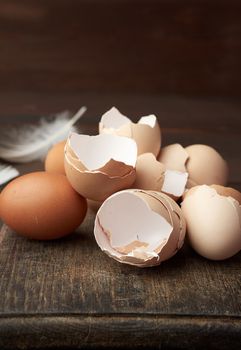 chicken eggs shells on a cutting board, close up
