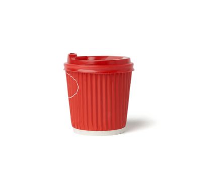 disposable hot drink red paper cup with lid isolated on white background, takeaway food