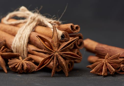 dry star anise with a bunch of brown cinnamon sticks tied with a rope, close up