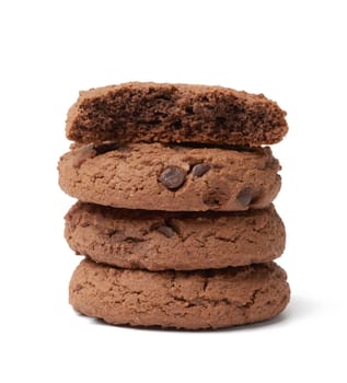stack of baked round chocolate chip cookies isolated on a white background, close up