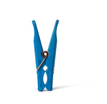blue plastic clothespin isolated on white background, close up