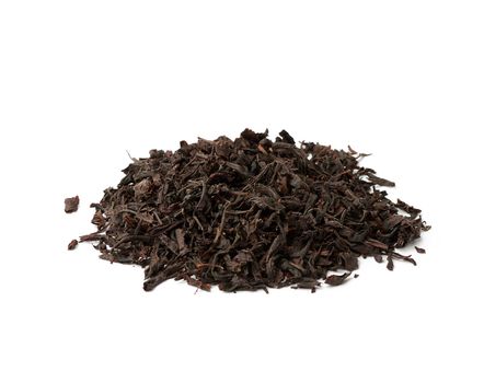 dry black long leaf tea, top view, ingredients for a hot drink, close up
