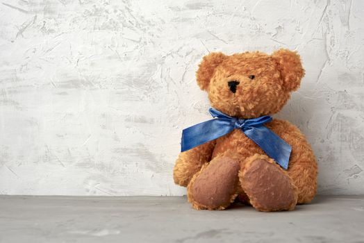 brown teddy bear with a blue bow sits on a white background, place for an inscription