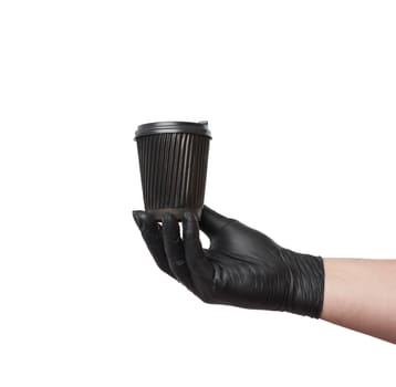 hand in a black latex glove holds a disposable cardboard cup and a plastic lid on a white background, safe and contactless delivery of on-line orders during epidemics