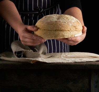 female hands holding round baked wheat flour bread over wooden table, close up