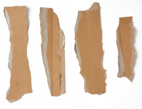 pieces of cardboard corrugated paper torn edges on a white background, abstract backdrop. Ripped paper texture.