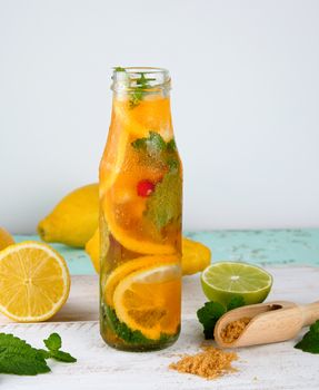 summer refreshing drink lemonade with lemons, cranberry, mint leaves, lime in a glass bottle, next to the ingredients for making a cocktail