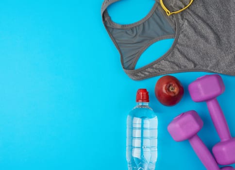 pair of purple plastic dumbbells, gray sports shirt and plastic water bottle on a blue background, set for sports, flat lay
