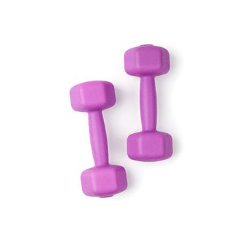 purple plastic dumbbell for sports isolated on white background, close up. Weightlifting equipment. Fitness training. Healthy lifestyle