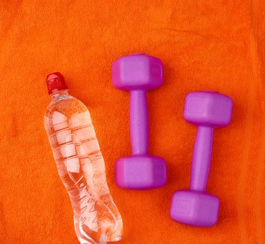 pair of purple plastic dumbbells and bottle of water, top view, training equipment
