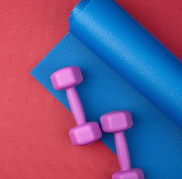 pair of purple plastic dumbbells on a blue neoprene mat, top view, training equipment