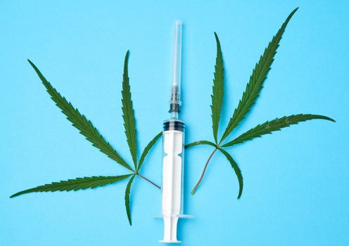 plastic syringe with a needle and green leaves of hemp on a blue background, drug addiction concept