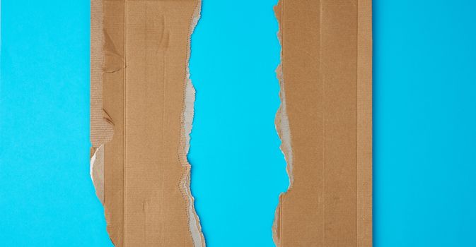 torn edges of corrugated cardboard paper on a light blue background, abstract backdrop template