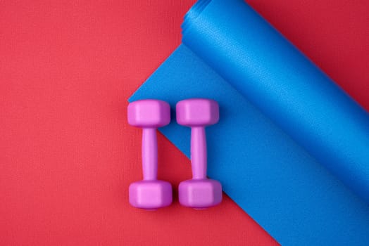 pair of purple plastic dumbbells on a blue neoprene mat, top view, training equipment