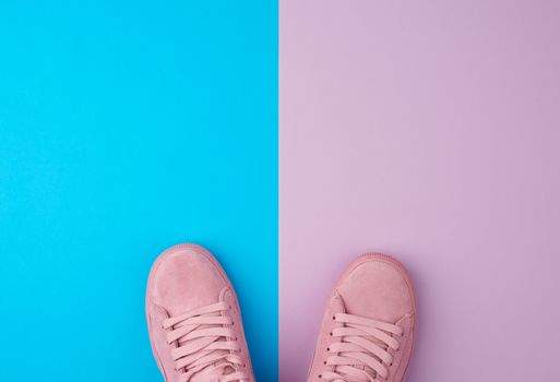pair of sports pink sneakers with laces on a blue background, top view, place for text 