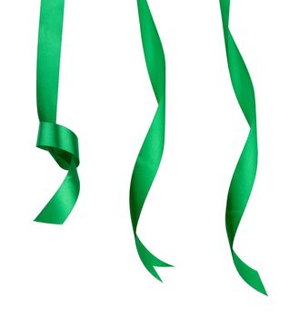 set of twisted green silk ribbon ends with knots isolated on white background, elements for designer