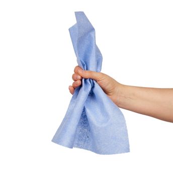 hand holds a blue rag sponge for cleaning, part of the body is isolated on a white background